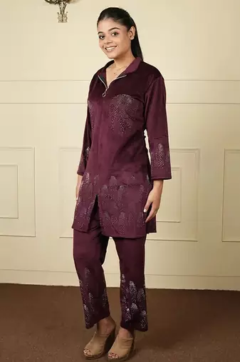 Wine velvet printed velvet long jacket set