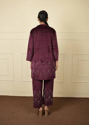 Wine velvet printed velvet long jacket set 3