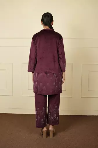 Wine velvet printed velvet long jacket set