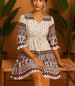 Off White Cotton Printed Trending Free size Dress