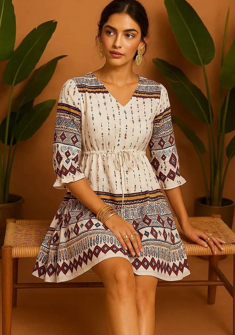 Off White Cotton Printed Trending Free size Dress