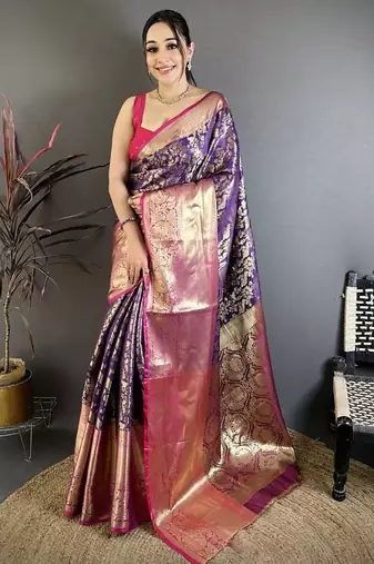 Purple color zari weaving work kanjivaram katan silk saree with blouse