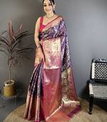 Purple color zari weaving work kanjivaram katan silk blend saree with blouse