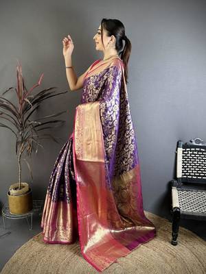 Purple zari weaving work kanjivaram katan silk blend saree with blouse 2