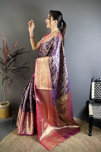 Purple color zari weaving work kanjivaram katan silk blend saree with blouse