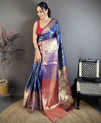 Blue color zari weaving work kanjivaram katan silk blend saree with blouse 1