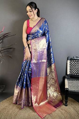 Blue color zari weaving work kanjivaram katan silk saree with blouse