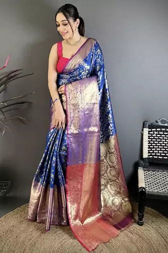 Blue color zari weaving work kanjivaram katan silk saree with blouse
