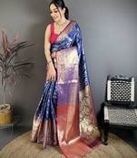 Blue color zari weaving work kanjivaram katan silk blend saree with blouse