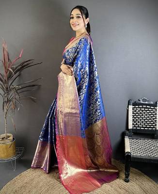 Blue color zari weaving work kanjivaram katan silk blend saree with blouse 2