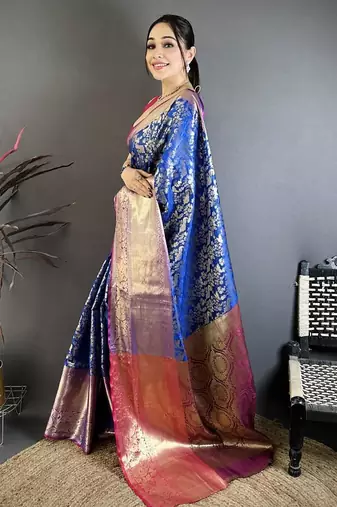 Blue color zari weaving work kanjivaram katan silk blend saree with blouse