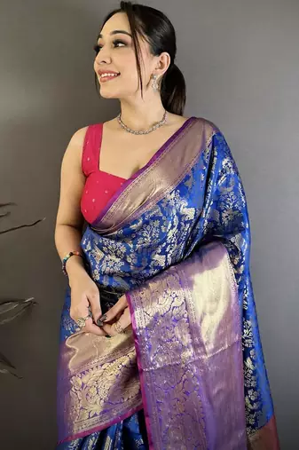 Blue color zari weaving work kanjivaram katan silk blend saree with blouse