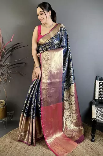 Navy blue color zari weaving work kanjivaram katan silk saree with blouse