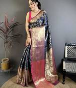 Navy blue color zari weaving work kanjivaram katan silk blend saree with blouse