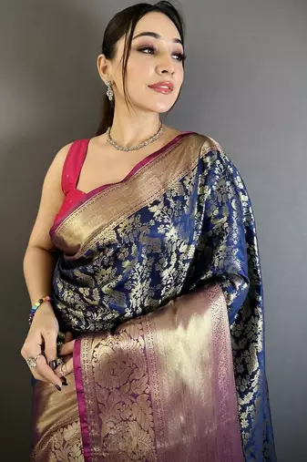 Navy blue color zari weaving work kanjivaram katan silk blend saree with blouse