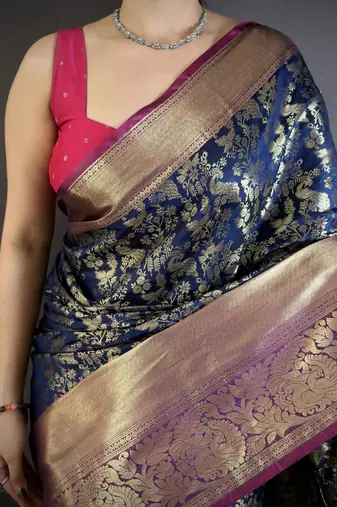 Navy blue color zari weaving work kanjivaram katan silk blend saree with blouse