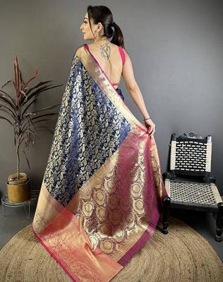 Navy blue color zari weaving work kanjivaram katan silk blend saree with blouse 5