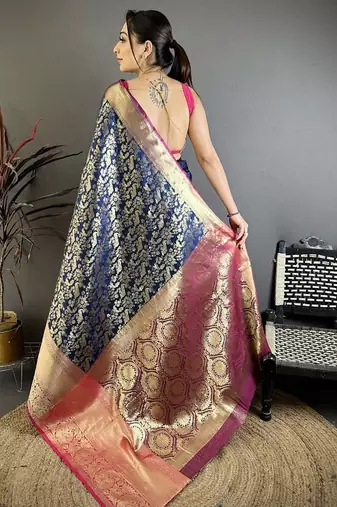 Navy blue color zari weaving work kanjivaram katan silk blend saree with blouse