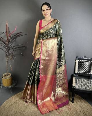 Green color zari weaving work kanjivaram katan silk blend saree with blouse 1