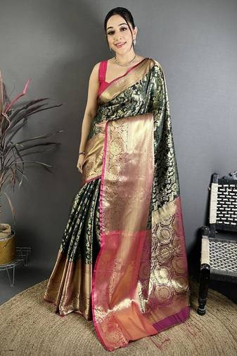 Green color zari weaving work kanjivaram katan silk saree with blouse