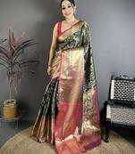 Green color zari weaving work kanjivaram katan silk blend saree with blouse