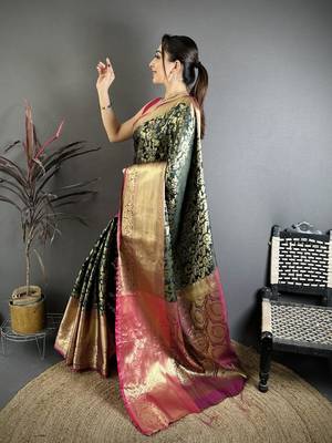 Green color zari weaving work kanjivaram katan silk blend saree with blouse 2