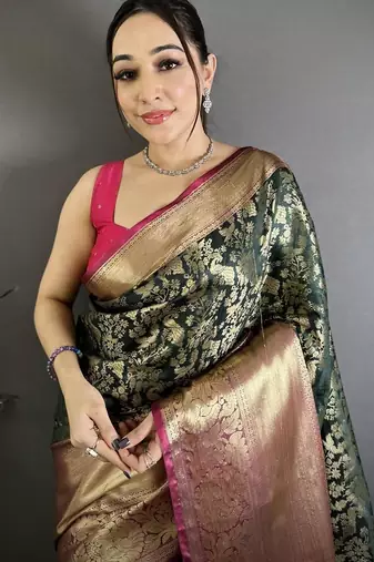Green color zari weaving work kanjivaram katan silk saree with blouse