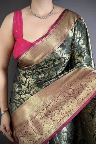 Green color zari weaving work kanjivaram katan silk saree with blouse