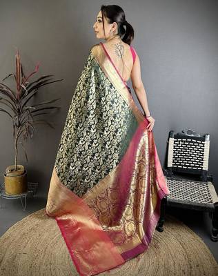 Green color zari weaving work kanjivaram katan silk blend saree with blouse 5