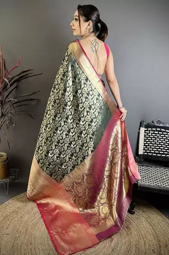 Green color zari weaving work kanjivaram katan silk saree with blouse