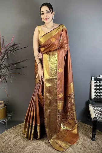 Light brown color raw mango silk zari woven work saree with blouse