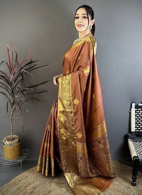 Light brown color raw mango silk zari woven work saree with blouse 2