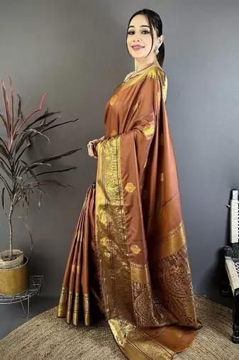 Light brown color raw mango silk zari woven work saree with blouse