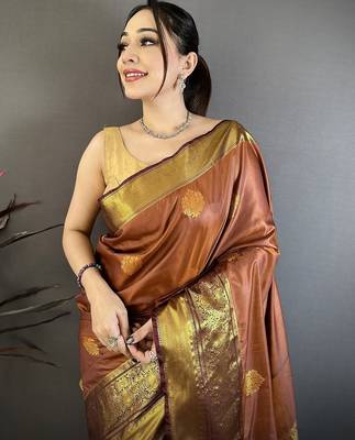 Light brown color raw mango silk zari woven work saree with blouse 3