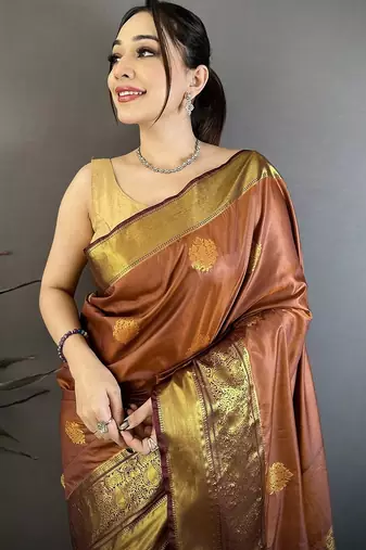 Light brown color raw mango silk zari woven work saree with blouse