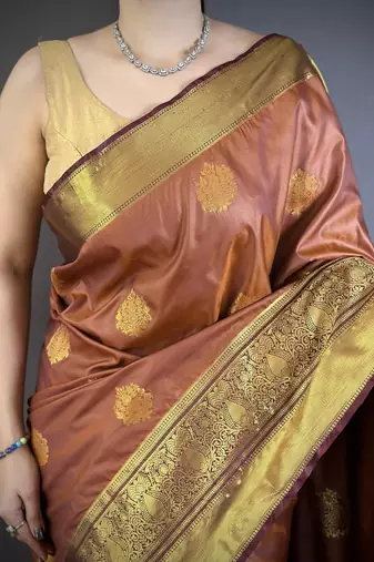 Light brown color raw mango silk zari woven work saree with blouse