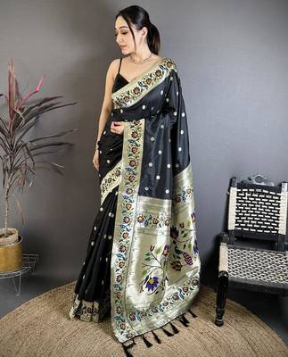 Black zari woven paithani silk blend saree with blouse 1