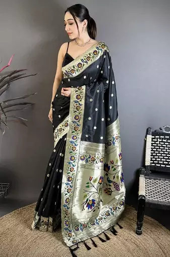 Black color zari woven paithani silk saree with blouse
