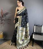 Black color zari woven paithani silk saree with blouse