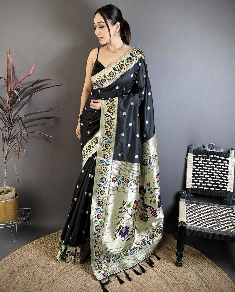 Black color zari woven paithani silk saree with blouse