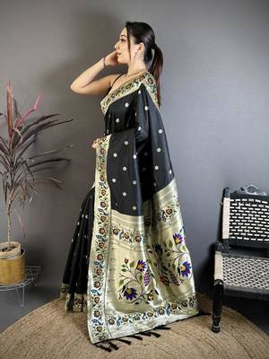 Black zari woven paithani silk blend saree with blouse 2