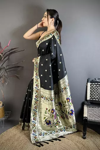 Black color zari woven paithani silk blend saree with blouse