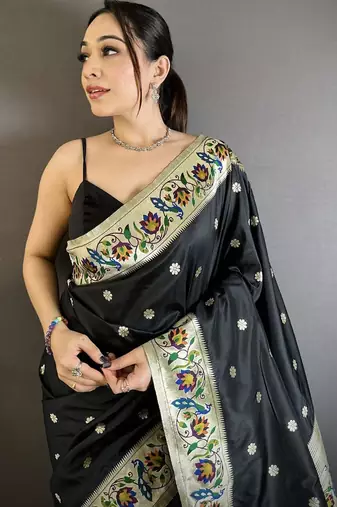 Black color zari woven paithani silk blend saree with blouse