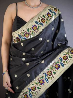 Black zari woven paithani silk blend saree with blouse 4