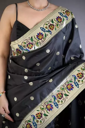 Black color zari woven paithani silk blend saree with blouse