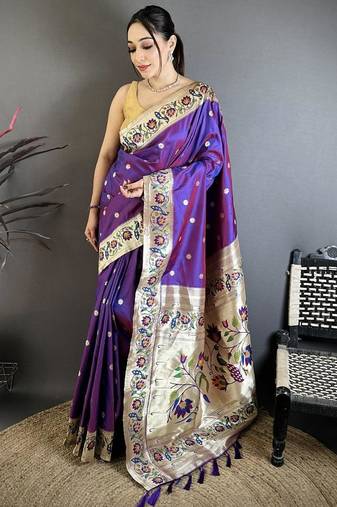 Purple color zari woven paithani silk saree with blouse