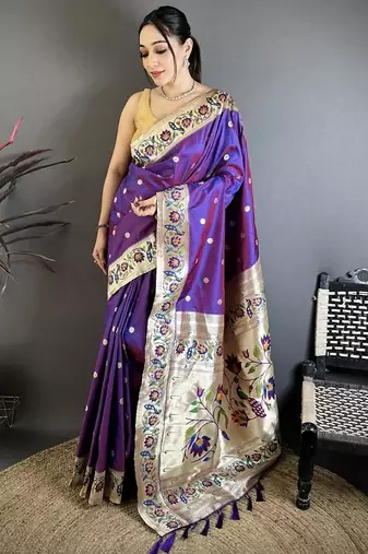 Purple color zari woven paithani silk saree with blouse