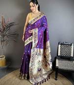 Purple color zari woven paithani silk saree with blouse