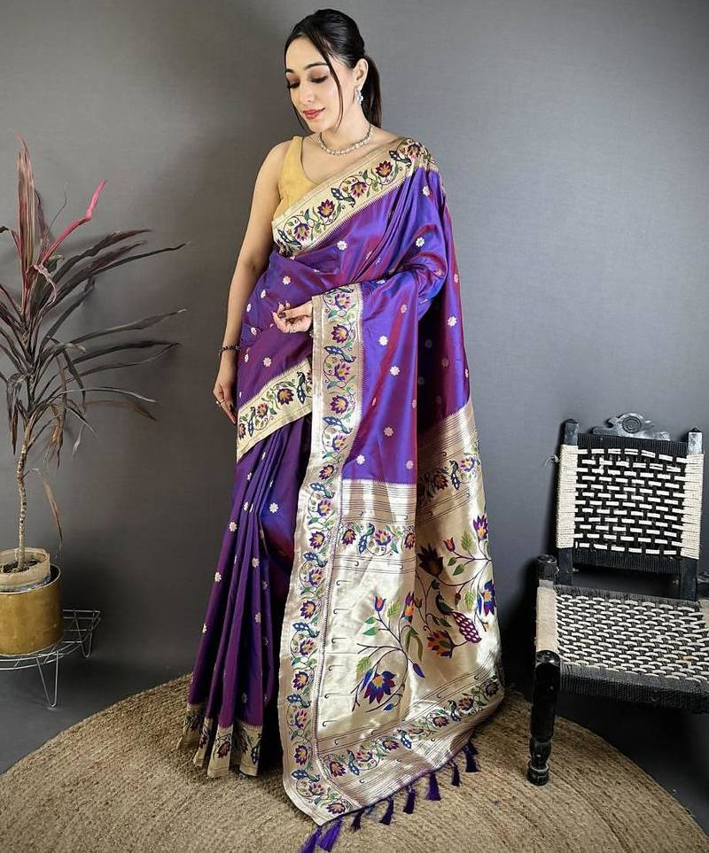 Purple color zari woven paithani silk saree with blouse