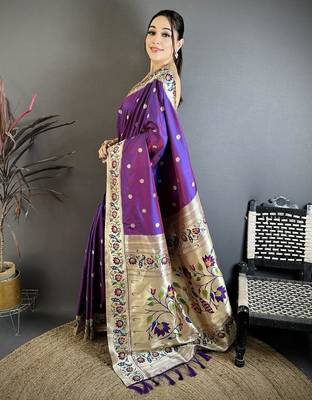 Purple color zari woven paithani silk blend saree with blouse 2